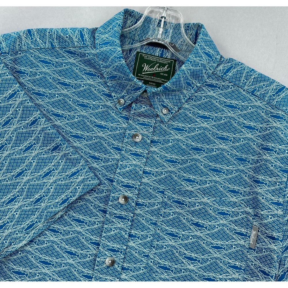 Woolrich Shirt Mens Medium Blue Button Down Fly Fishing Rods All Over Print